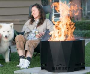 Blue Sky The Peak Smokeless Patio Fire Pit with Large Steel Banded Wood Storage Basket