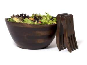 Lipper International Large Walnut Finish Wavy Rim Bowl with Salad Hands Bundle with Bowls (Set of 4)